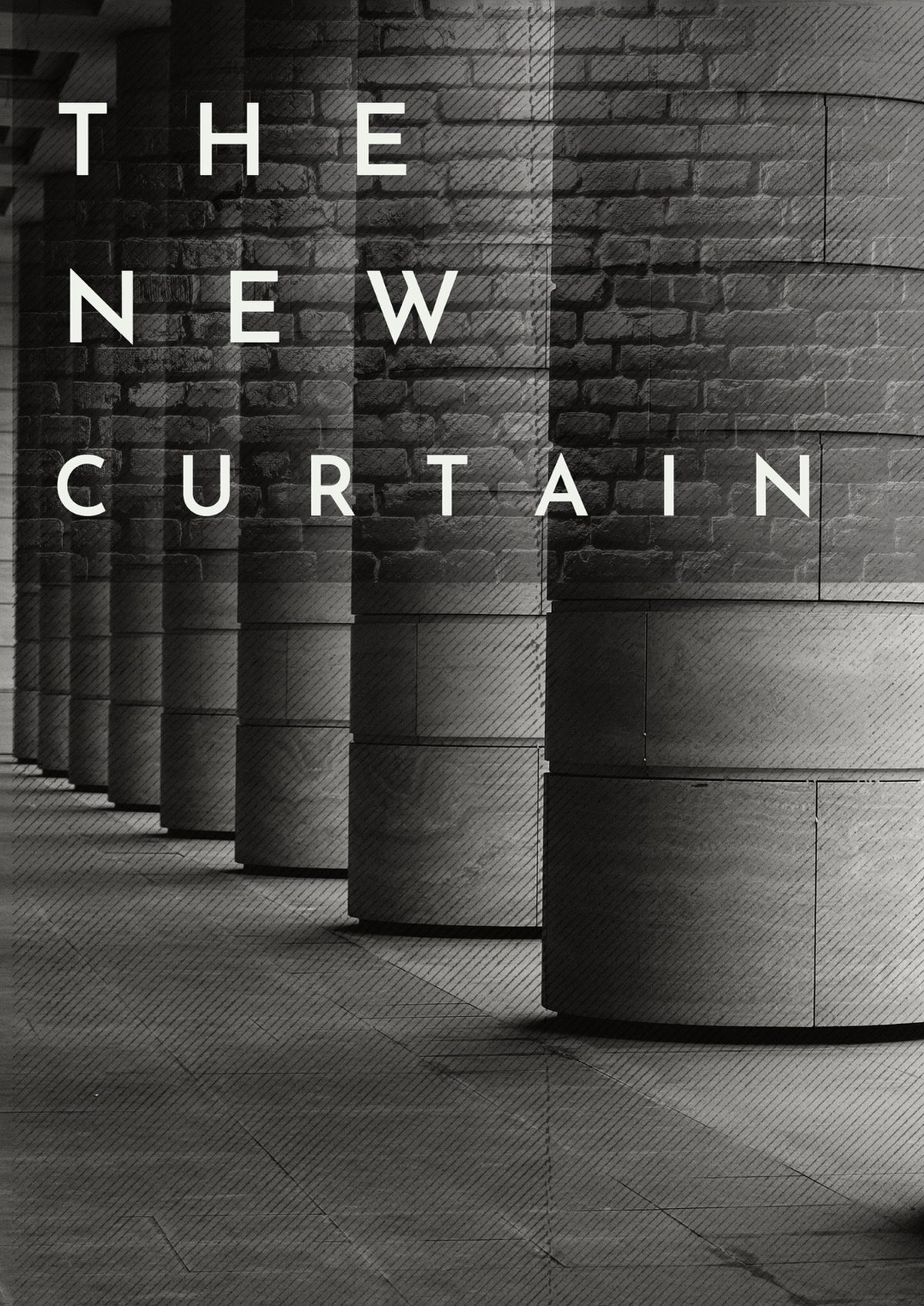 Black-and-white graphic of a fragmented brick wall standing on top of pillars, with the words "The New Curtain."